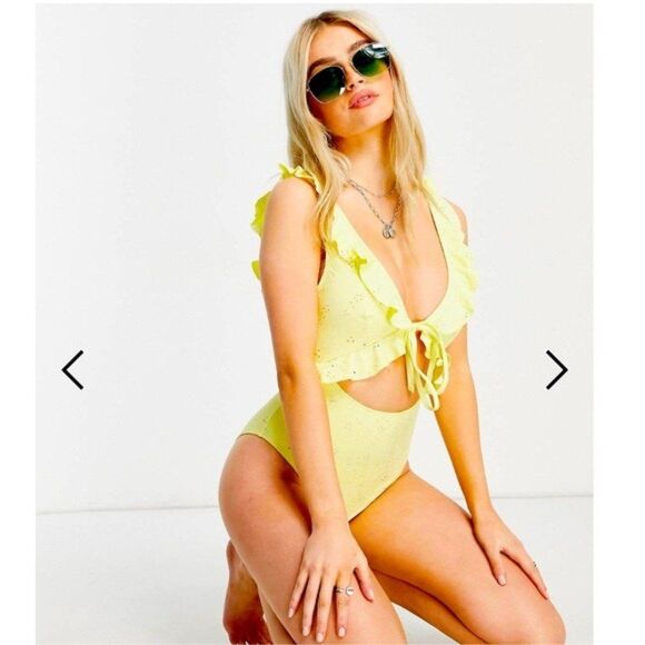 ASOS DESIGN Eyelet Tie Front Swimsuit Yellow Size 6 BNWT - Picture 1 of 8